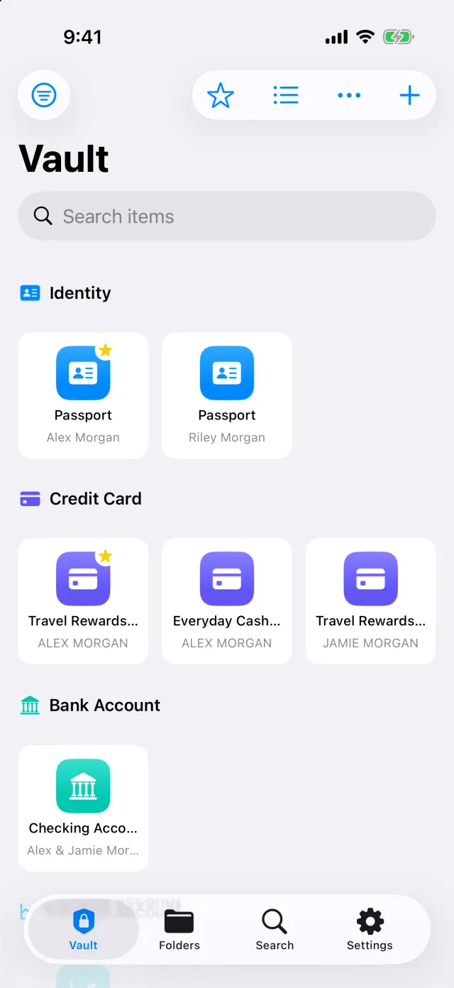 The vault shown as icons, grouped under Identity, Credit Card and Bank Account headings.